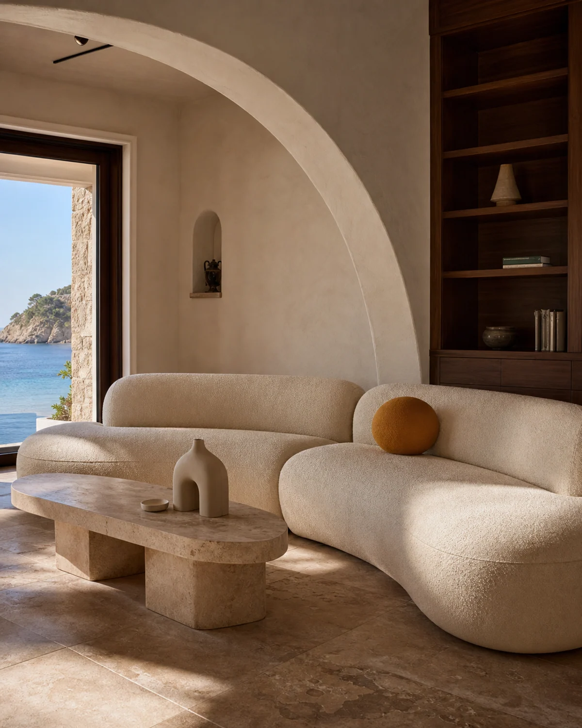 Curved Seating Beneath an Asymmetric Arch — Living room