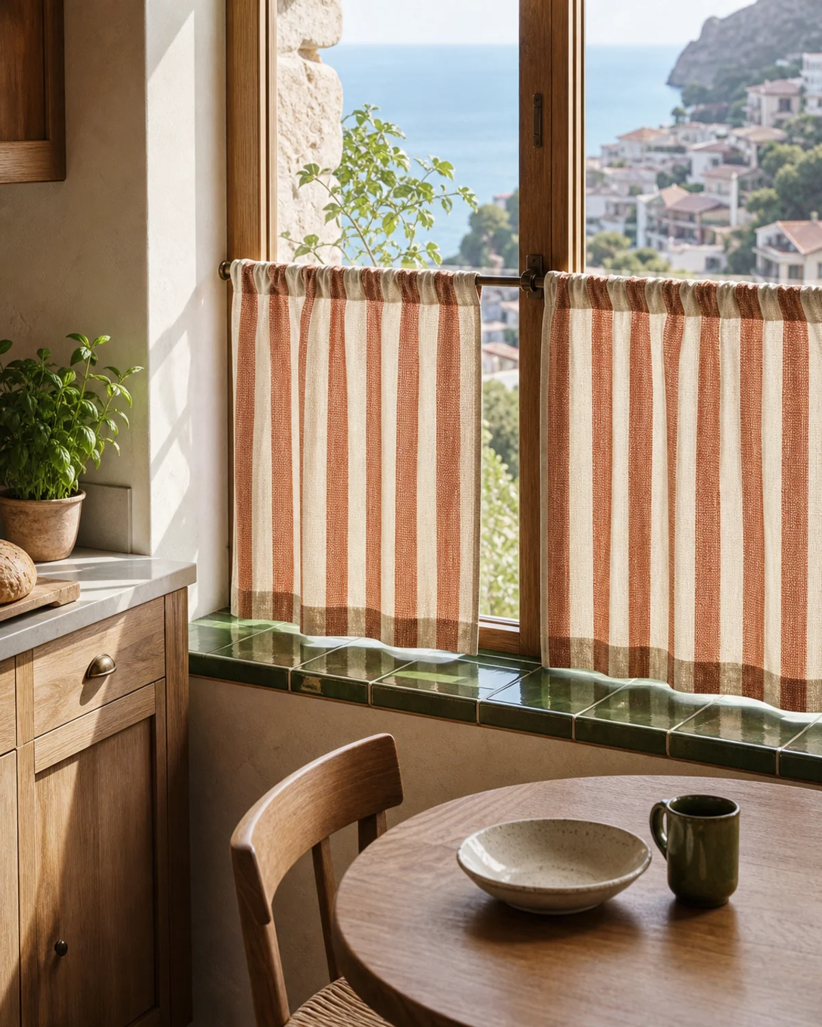 Breakfast Nook with Striped Café Curtains — Kitchen