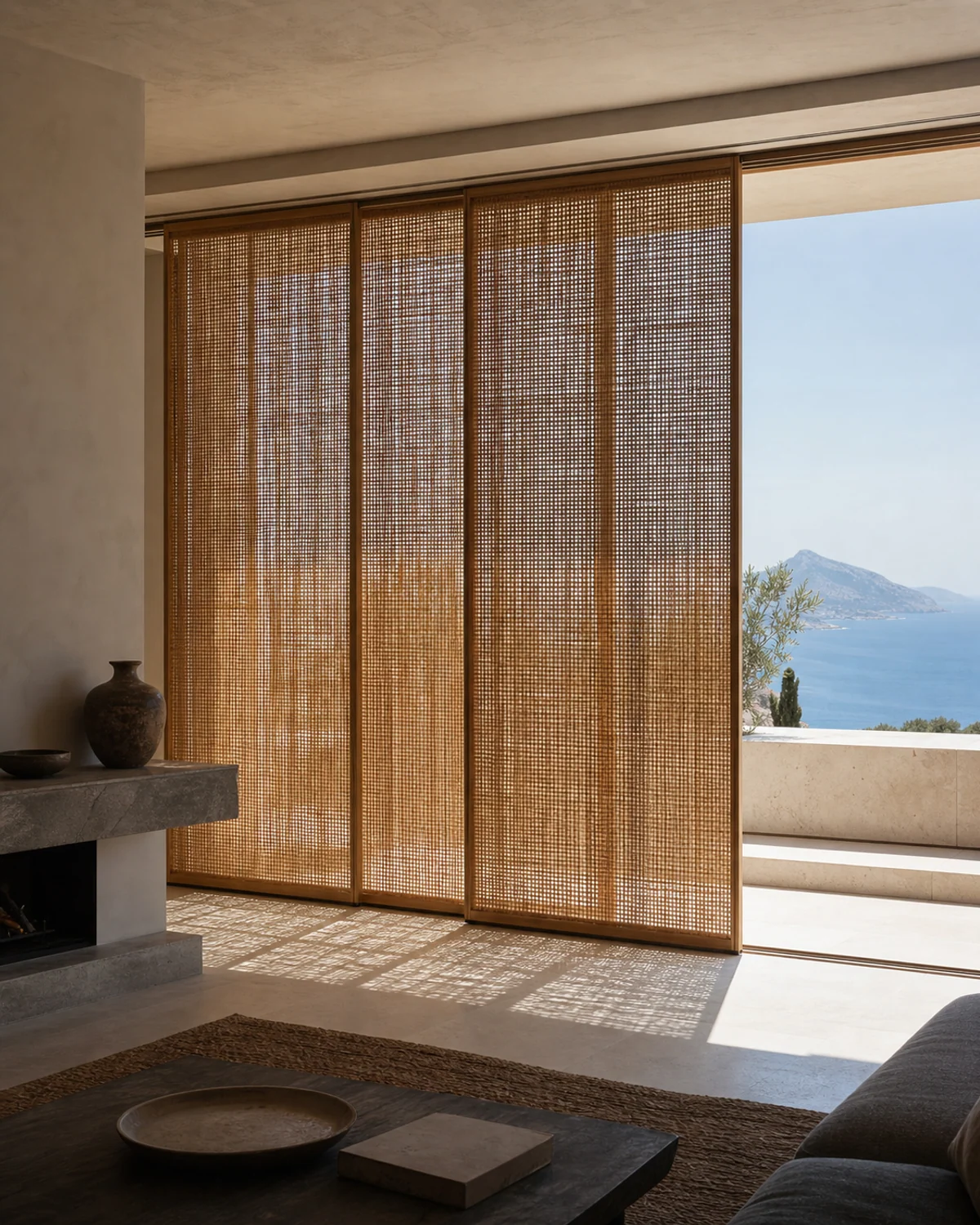 Woven Sun Panels Across the Balcony Door — Living room