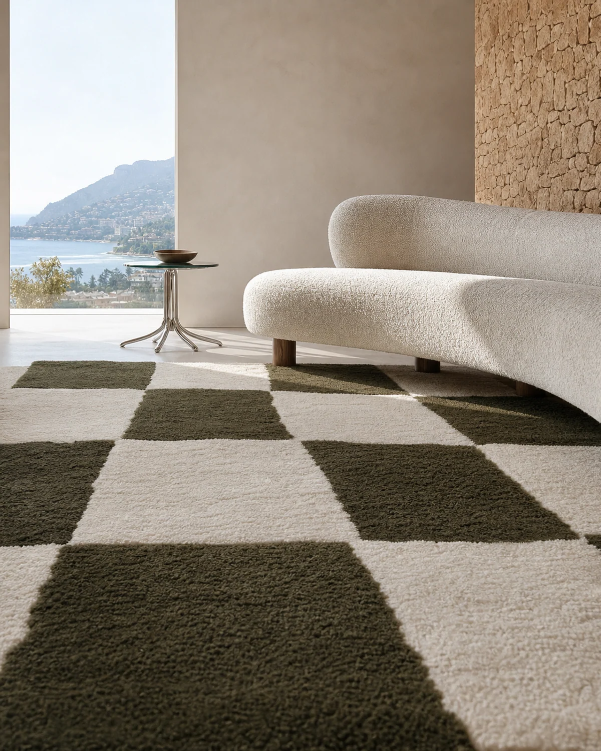 Living Room with Oversized Check Rug — Living room
