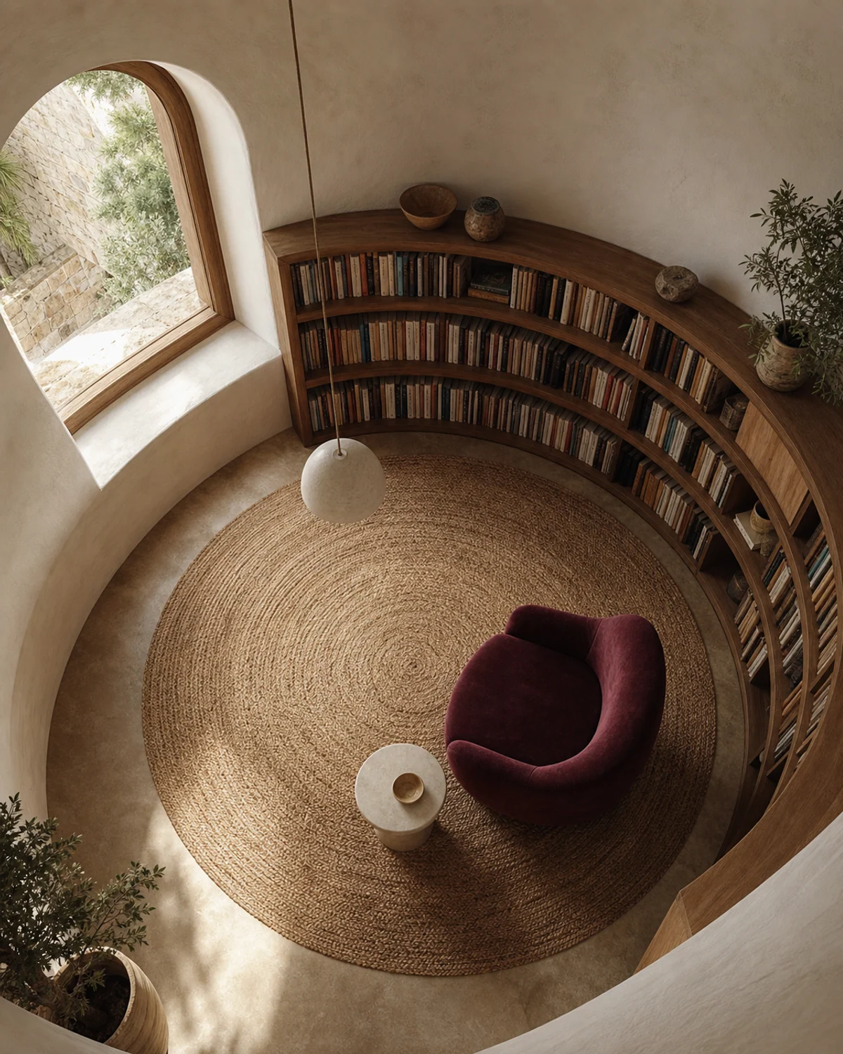 Curved Library with Round Jute Rug — Library corner