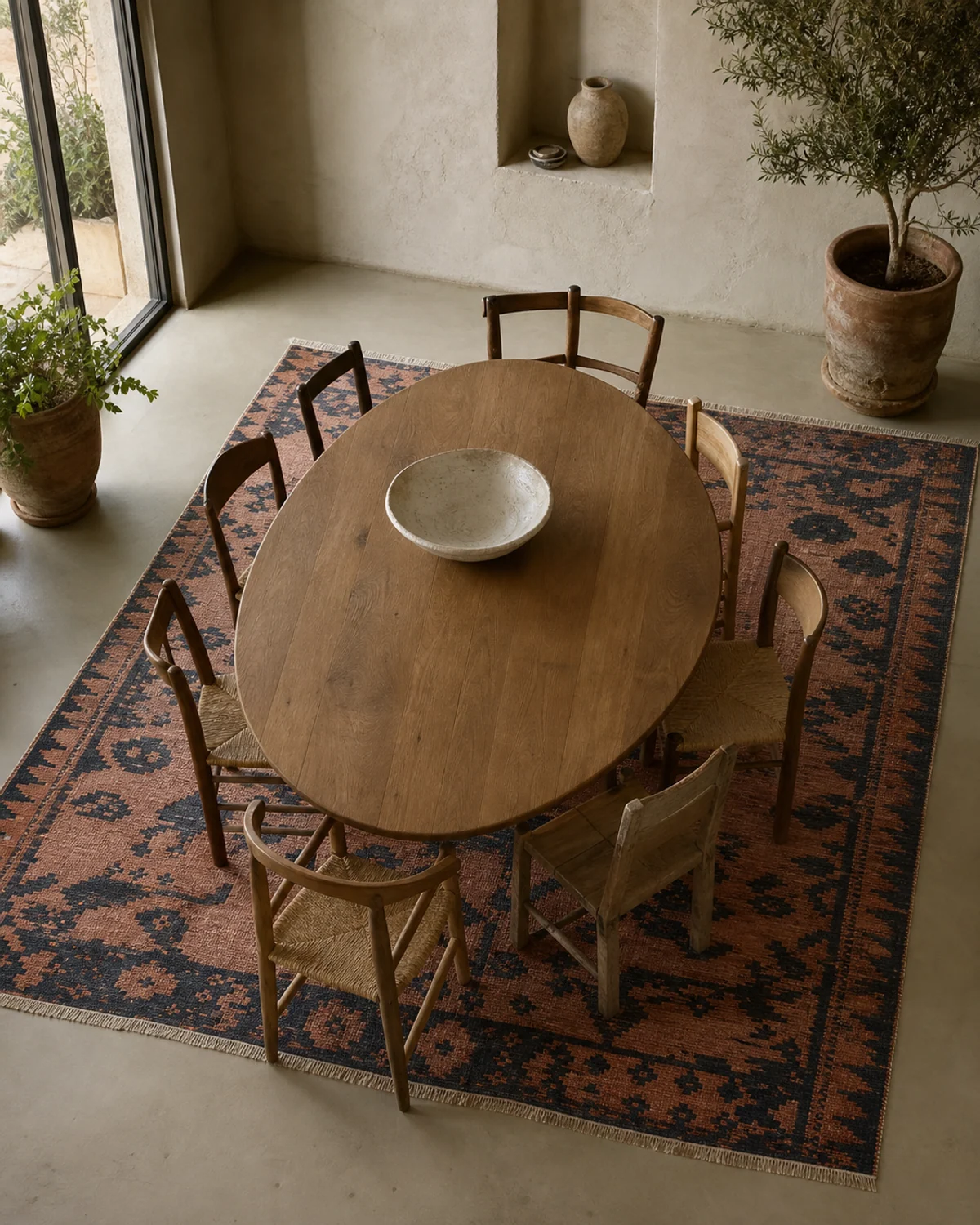 Graphic Flatweave Beneath an Oval Table — Dining area