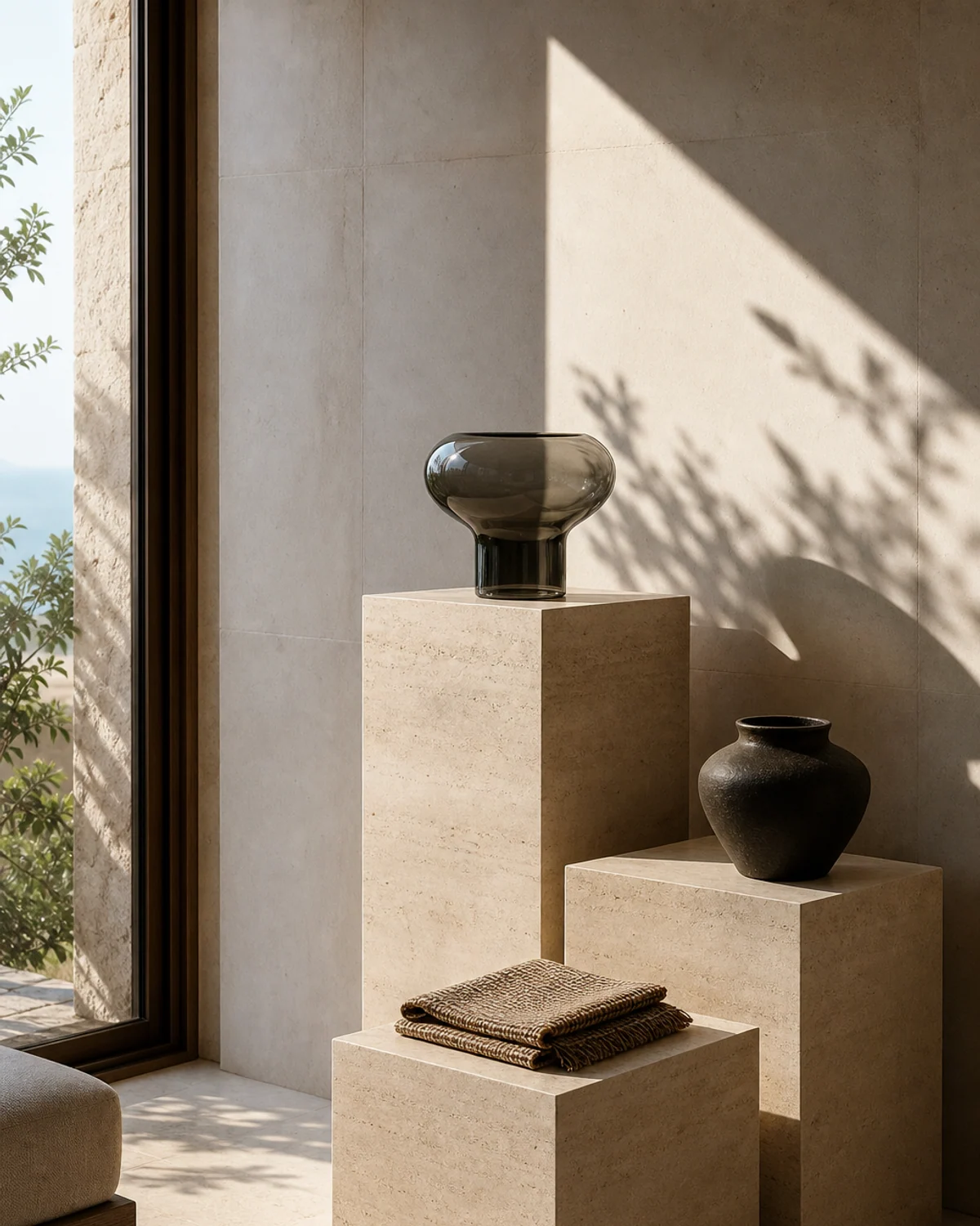 Quiet Object Edit on Limestone Plinths — Living corner