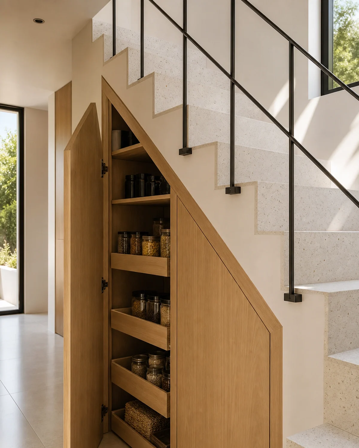 Concealed Pull-Out Pantry Under the Stairs — Kitchen