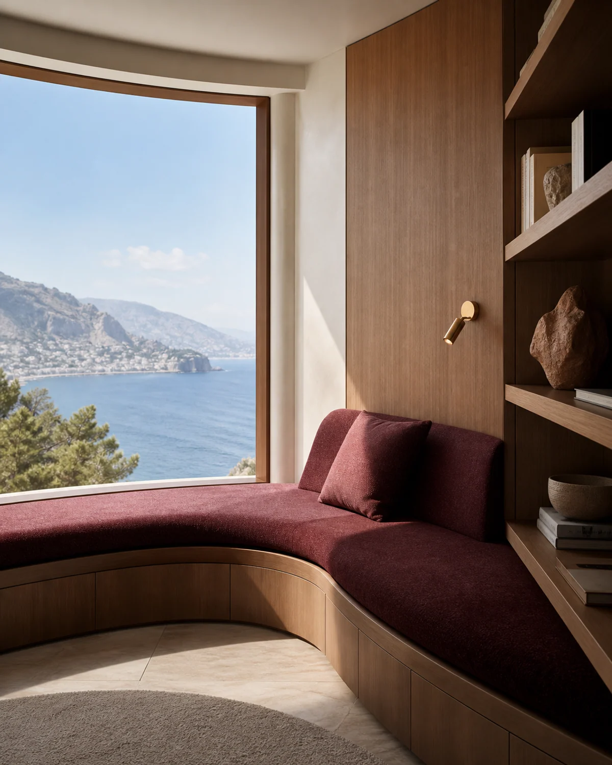 Curved Window Seat with Integrated Bookcase — Reading corner