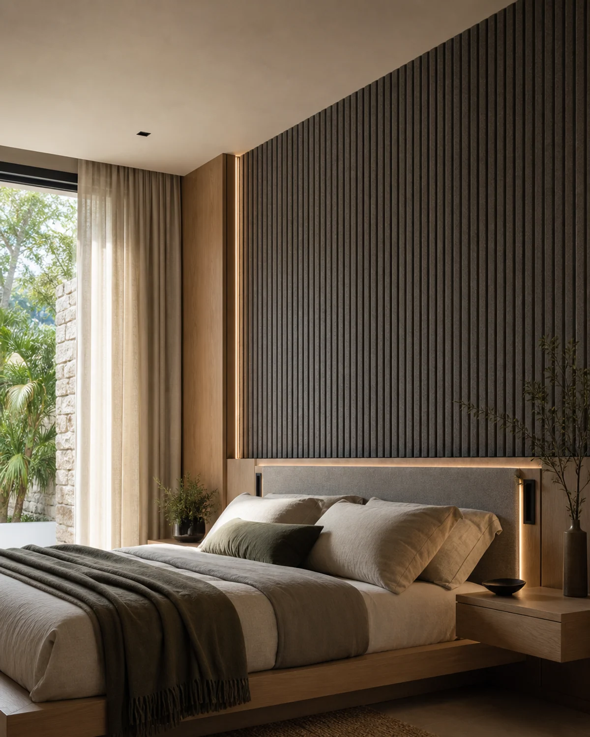Acoustic Headboard with Floating Nightstands — Bedroom