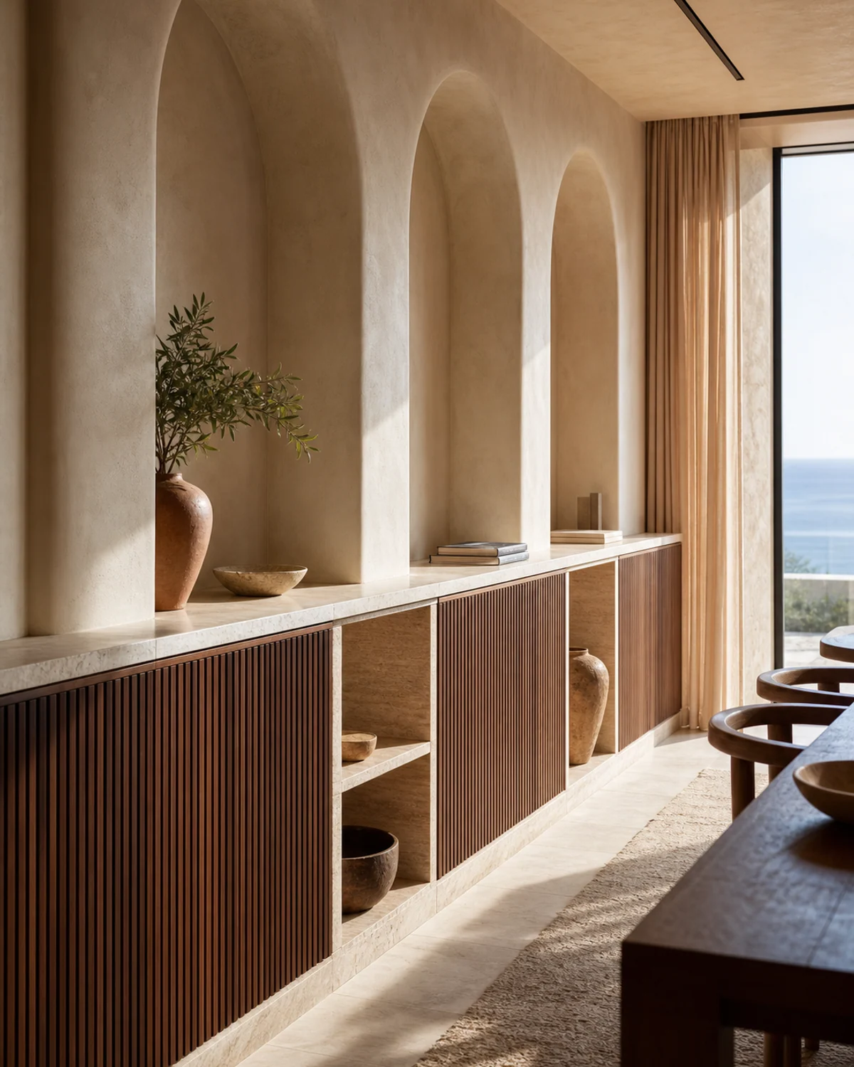 Bespoke Dining Credenza in a Scalloped Wall — Dining area