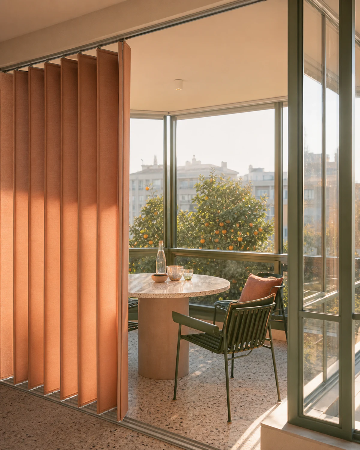Folding Textile Screens in a Winter Garden — Breakfast area