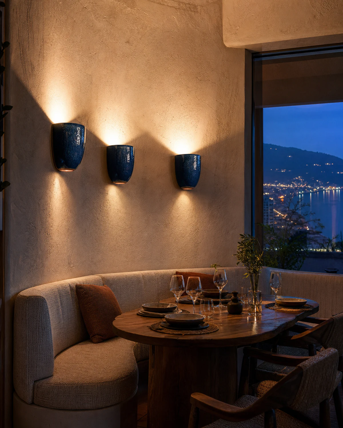 Evening Dining with Ceramic Uplights — Dining area