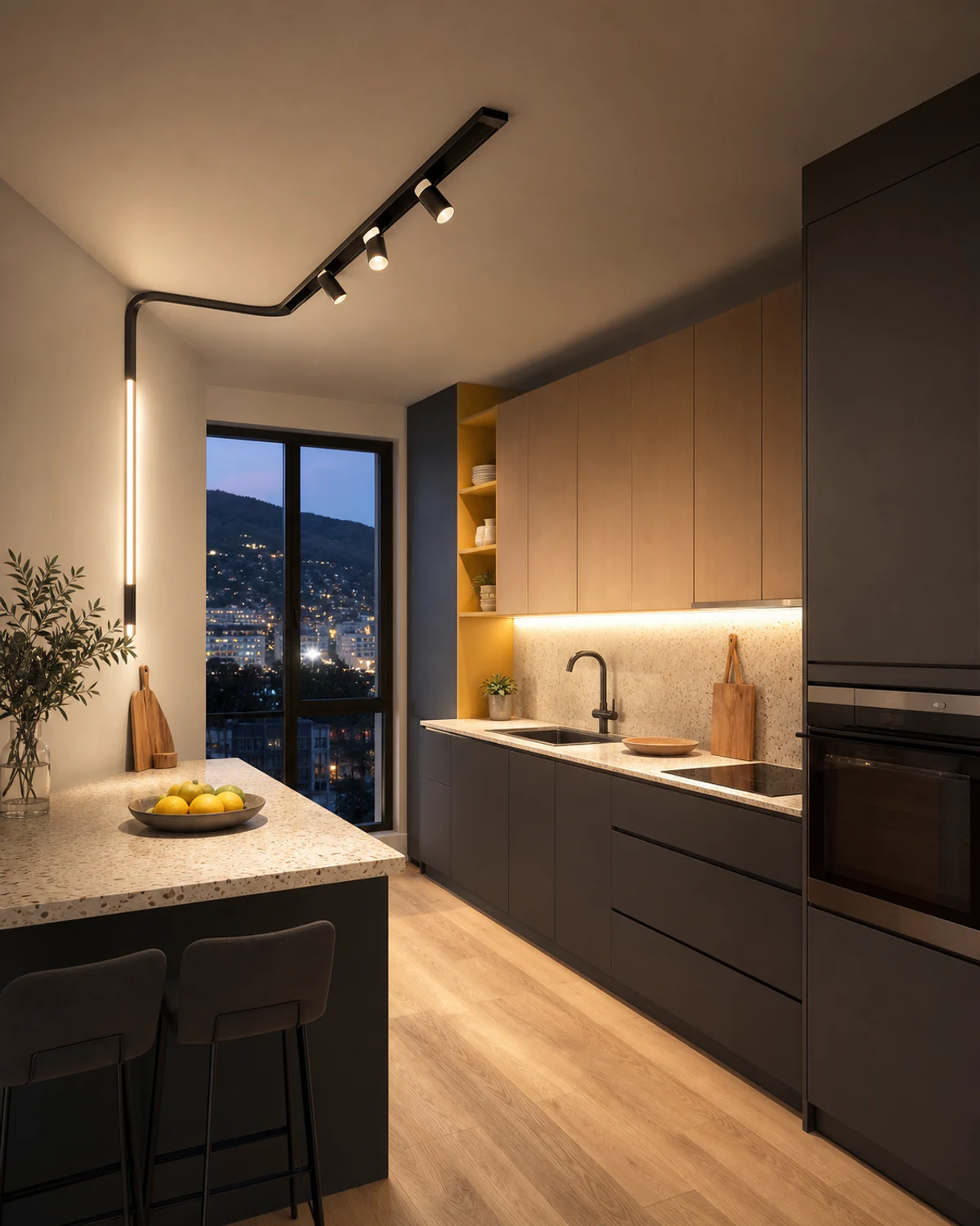 Magnetic Light Track Turning Down the Wall — Kitchen