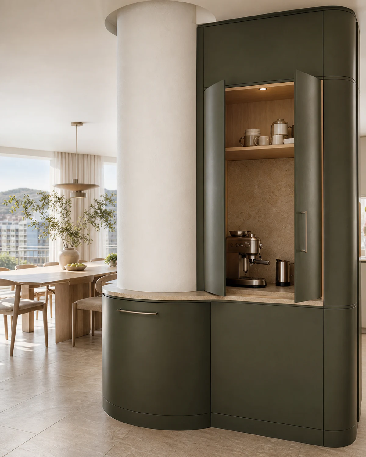 Curved Pantry Wrapped Around a Column — Kitchen