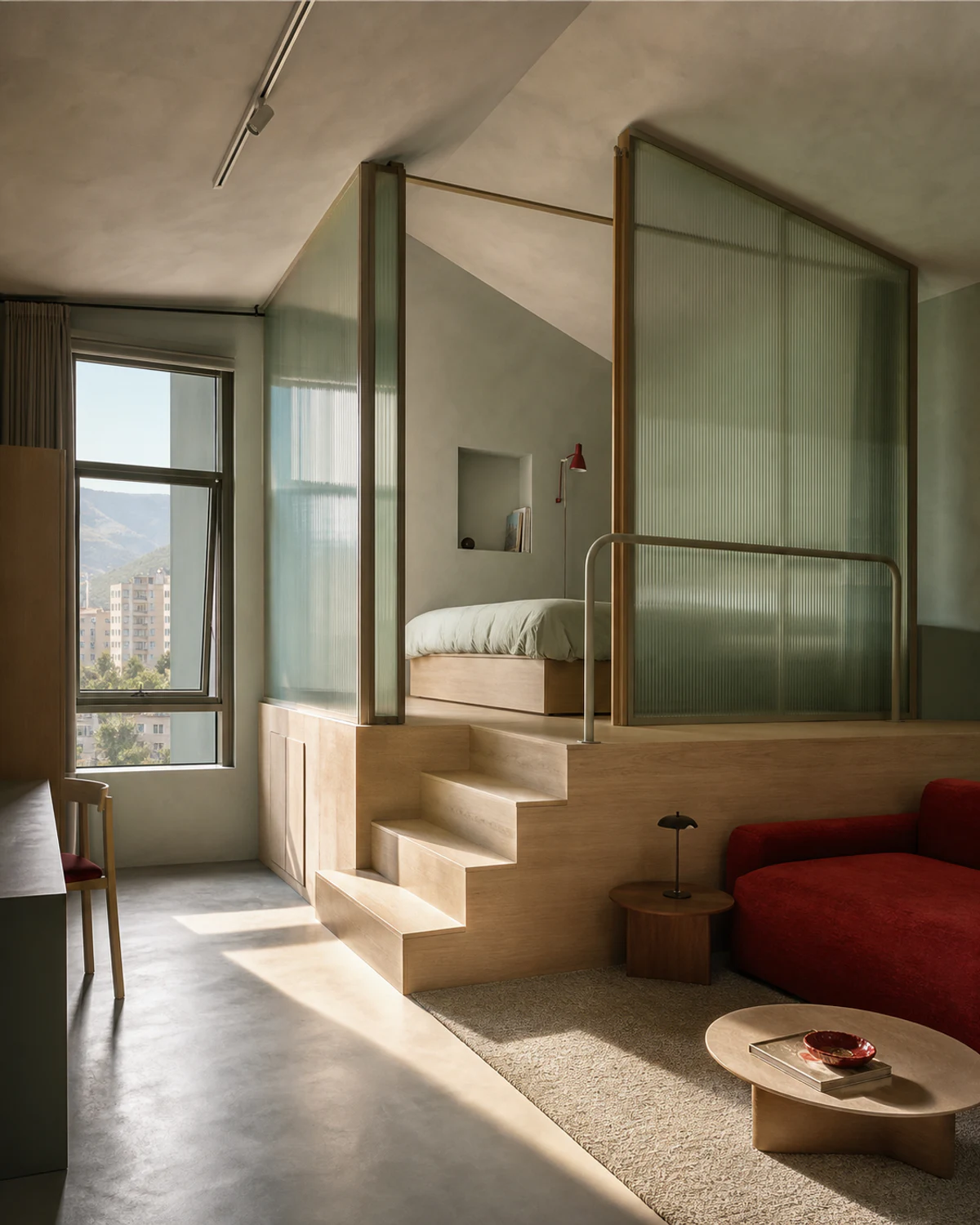 Split-Level Studio with Ribbed-Glass Sleep Pod — Studio apartment