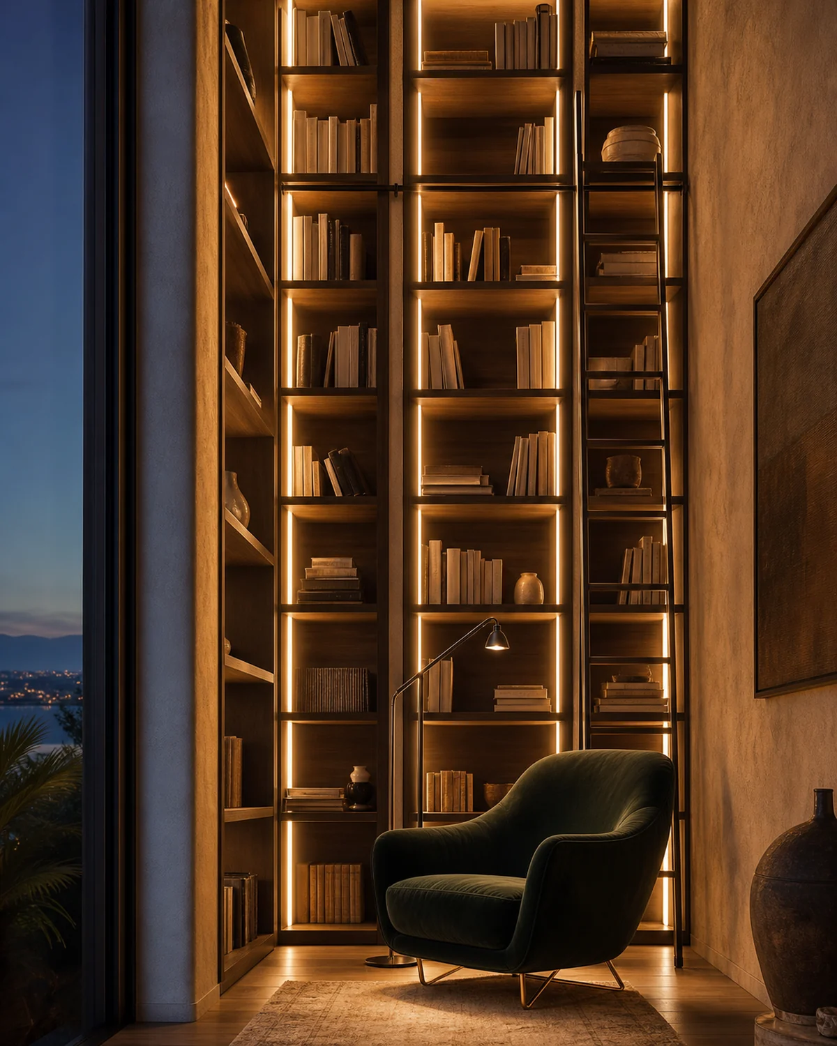 Home Library with Vertical Light Channels — Library