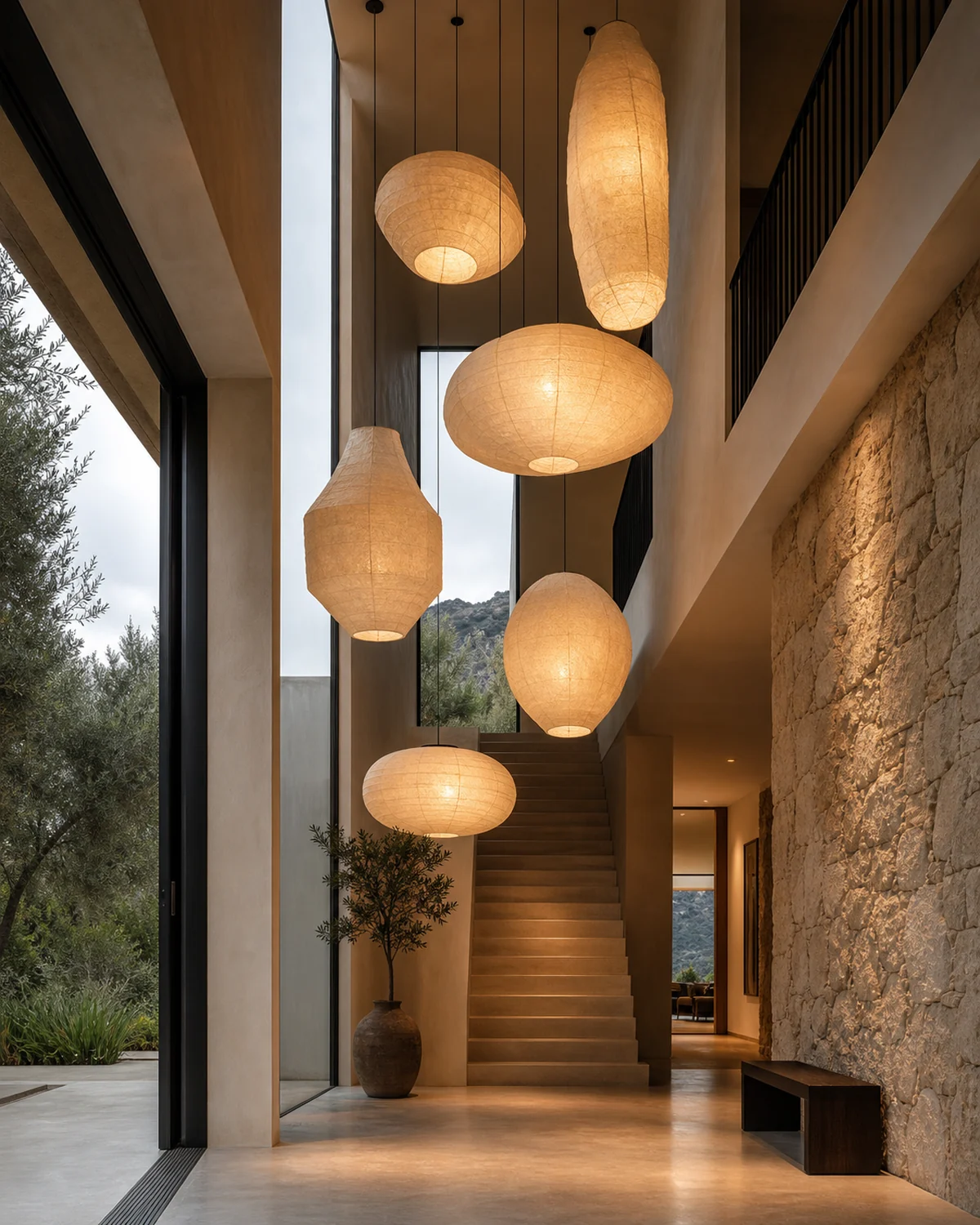 Paper-Lantern Cloud in a Double-Height Hall — Villa entrance
