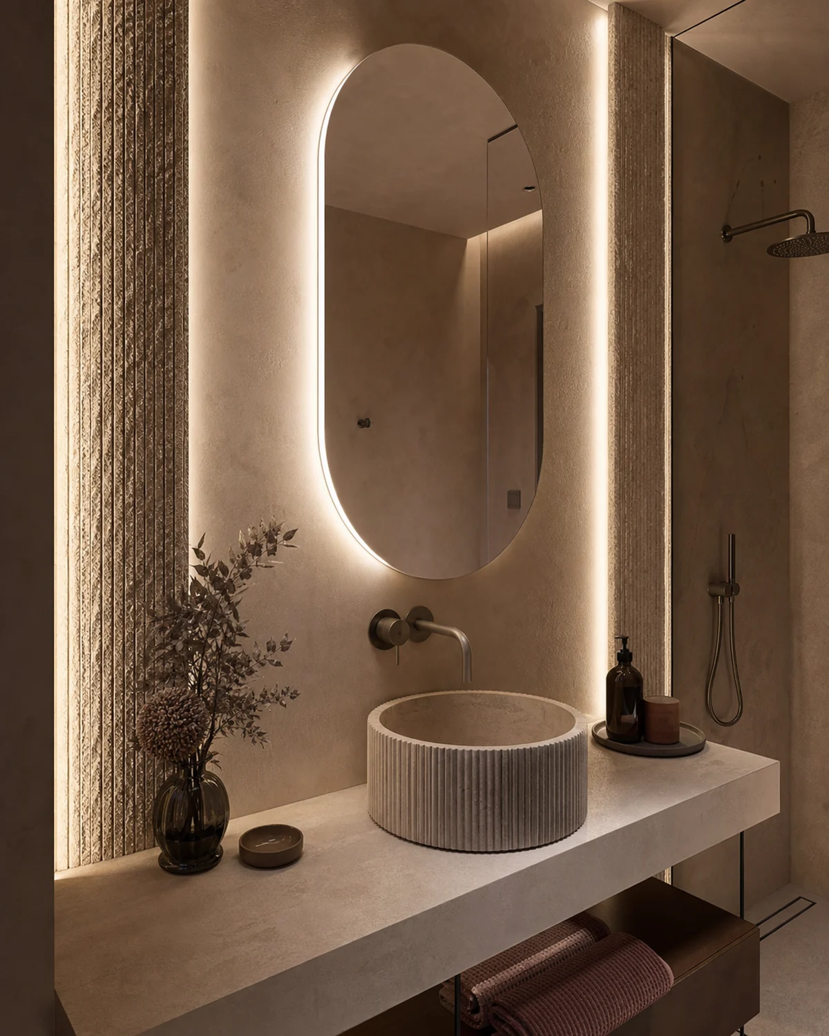 Layered Bathroom Light Around an Offset Mirror — Bathroom