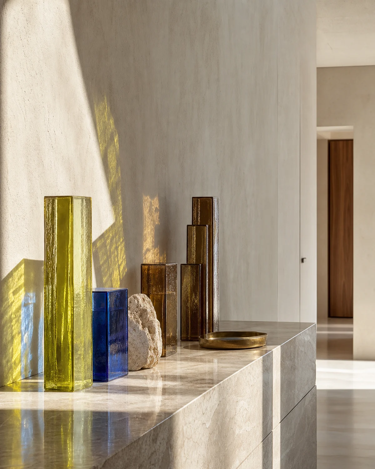 Sunlit Glass-and-Stone Console — Entrance hall