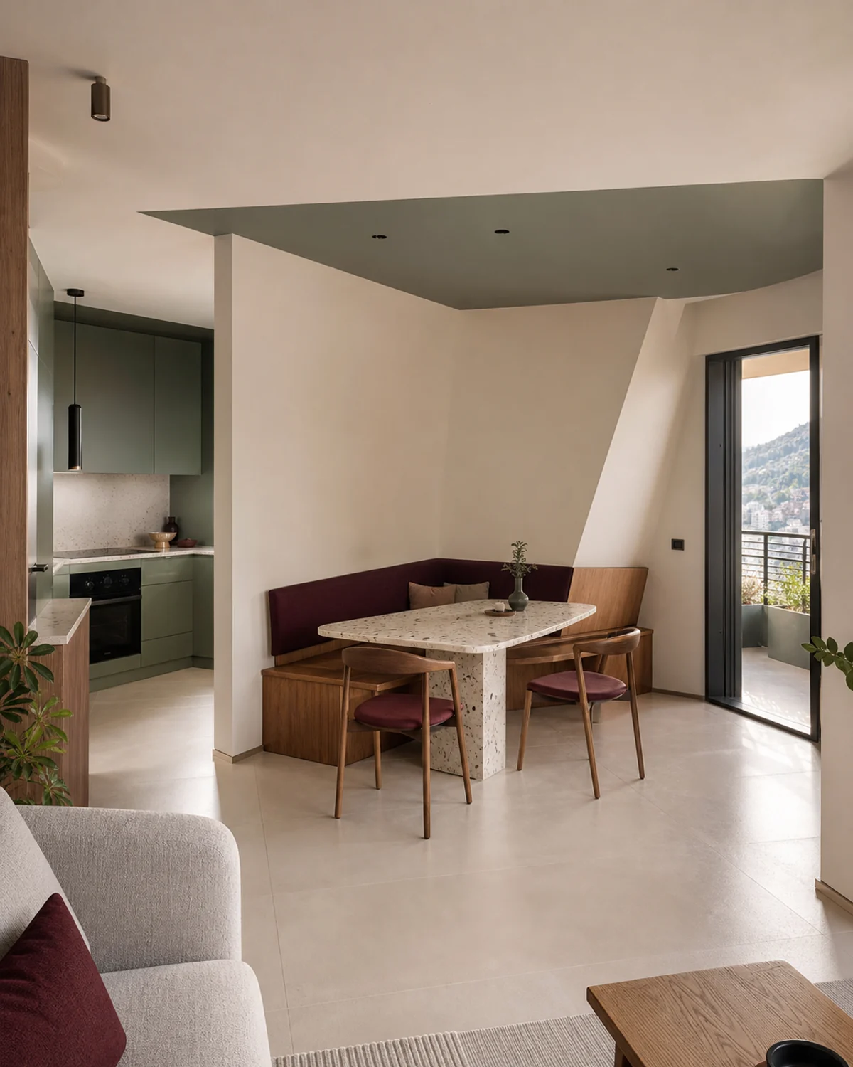 Unbroken Breakfast Nook in a Triangular Plan — Open-plan dining area
